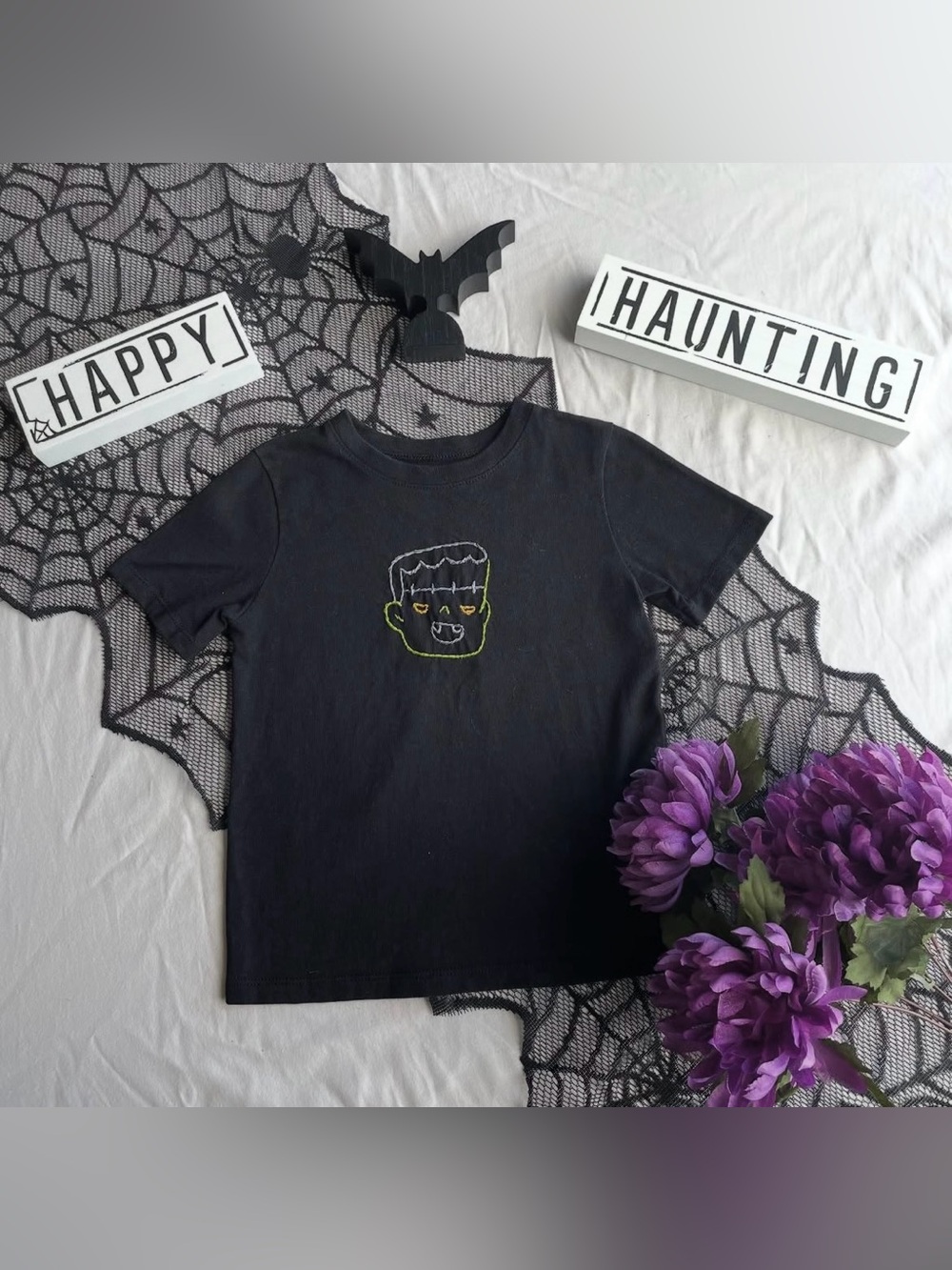 Kids Hand Embroidered Frankenstein Black Tee | Halloween Shirt